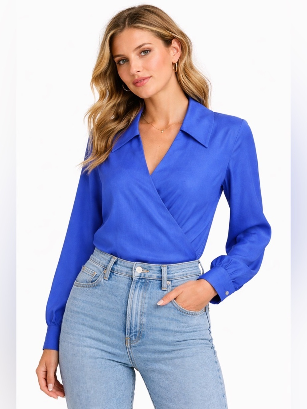 R.G. Kane Linen Blend V-Neck Wrap Front Blouse Balloon Sleeve Blue Size Large - Picture 2 of 13